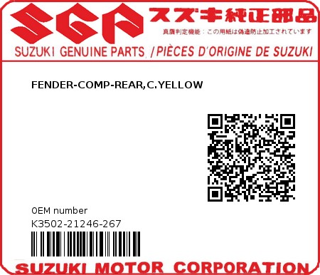 Product image: Suzuki - K3502-21246-267 - FENDER-COMP-REAR,C.YELLOW  0