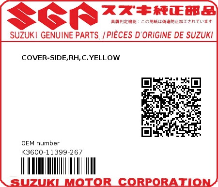 Product image: Suzuki - K3600-11399-267 - COVER-SIDE,RH,C.YELLOW  0