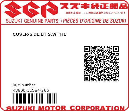 Product image: Suzuki - K3600-11584-266 - COVER-SIDE,LH,S.WHITE 