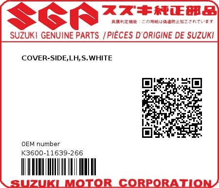 Product image: Suzuki - K3600-11639-266 - COVER-SIDE,LH,S.WHITE  0