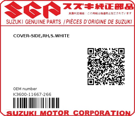 Product image: Suzuki - K3600-11667-266 - COVER-SIDE,RH,S.WHITE 