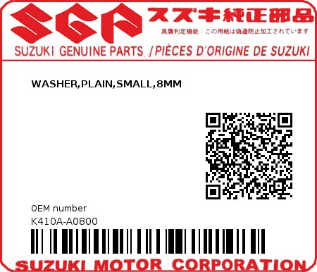 Product image: Suzuki - K410A-A0800 - WASHER,PLAIN,SMALL,8MM  0