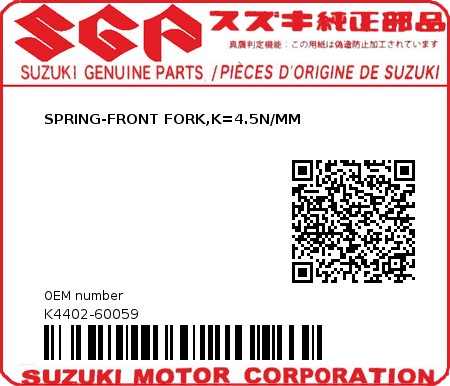 Product image: Suzuki - K4402-60059 - SPRING-FRONT FORK,K=4.5N/MM 