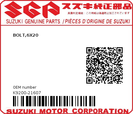 Product image: Suzuki - K9200-21607 - BOLT,6X20          0