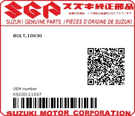 Product image: Suzuki - K9200-21697 - BOLT,10X30         