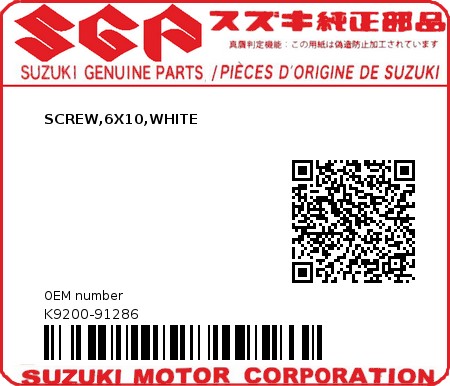 Product image: Suzuki - K9200-91286 - SCREW,6X10,WHITE         