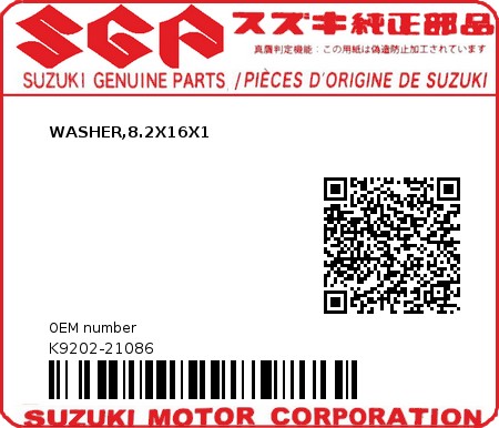 Product image: Suzuki - K9202-21086 - WASHER,8.2X16X1          0