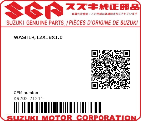 Product image: Suzuki - K9202-21211 - WASHER,12X18X1.0          0