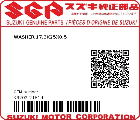 Product image: Suzuki - K9202-21614 - WASHER,17.3X25X0.5          0