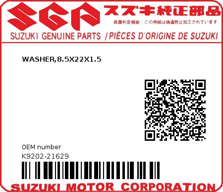 Product image: Suzuki - K9202-21629 - WASHER,8.5X22X1.5          0