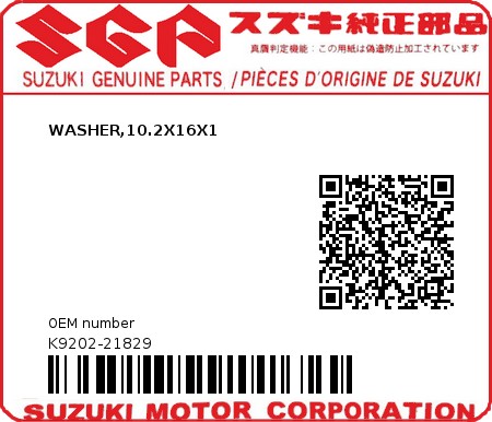 Product image: Suzuki - K9202-21829 - WASHER,10.2X16X1          0