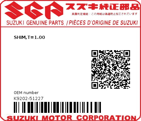 Product image: Suzuki - K9202-51227 - SHIM,T=1.00          0