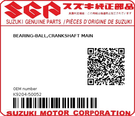 Product image: Suzuki - K9204-50052 - BEARING-BALL,CRANKSHAFT MAIN          0