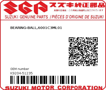 Product image: Suzuki - K9204-51235 - BEARING-BALL,6001C3ML01         