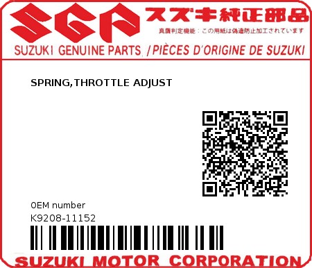 Product image: Suzuki - K9208-11152 - SPRING,THROTTLE ADJUST          0