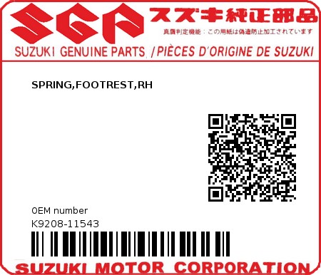 Product image: Suzuki - K9208-11543 - SPRING,FOOTREST,RH          0