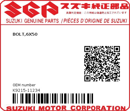 Product image: Suzuki - K9215-11234 - BOLT,6X50         