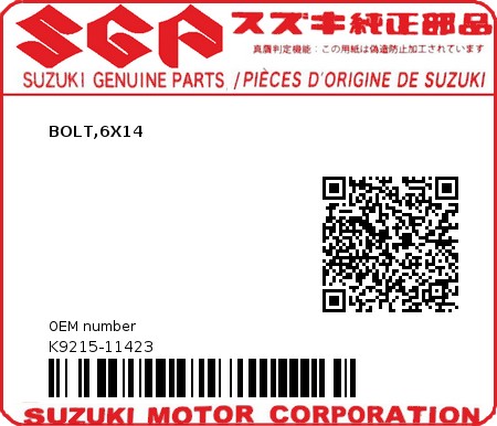 Product image: Suzuki - K9215-11423 - BOLT,6X14         