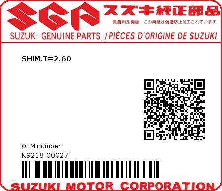 Product image: Suzuki - K9218-00027 - SHIM,T=2.60          0