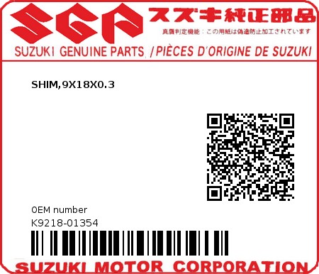 Product image: Suzuki - K9218-01354 - SHIM,9X18X0.3         