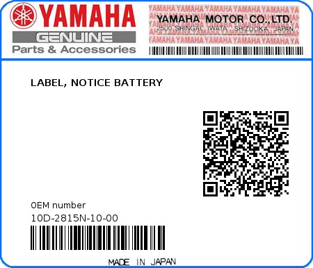 Product image: Yamaha - 10D-2815N-10-00 - LABEL, NOTICE BATTERY 