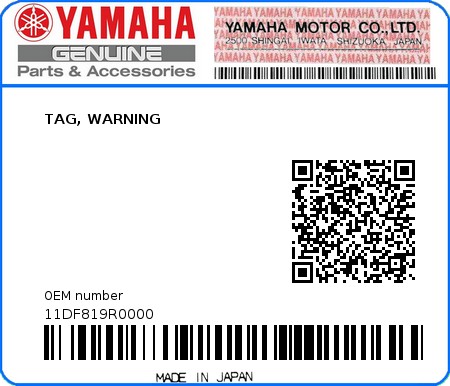 Product image: Yamaha - 11DF819R0000 - TAG, WARNING 