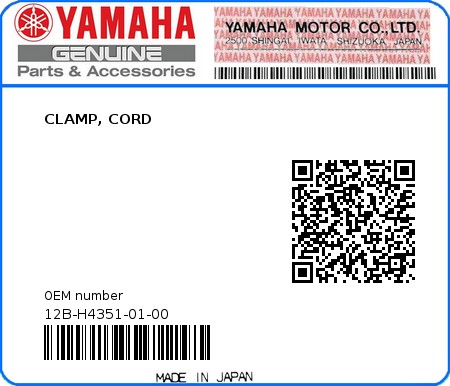 Product image: Yamaha - 12B-H4351-01-00 - CLAMP, CORD 