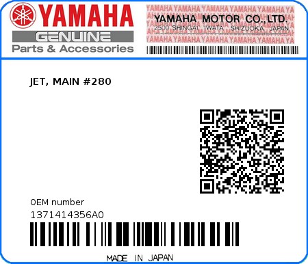 Product image: Yamaha - 1371414356A0 - JET, MAIN #280  0