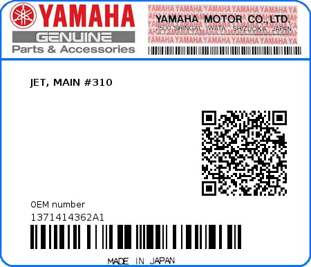 Product image: Yamaha - 1371414362A1 - JET, MAIN #310 