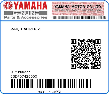 Product image: Yamaha - 13DF57420000 - PAD, CALIPER 2  0