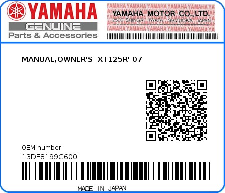 Product image: Yamaha - 13DF8199G600 - MANUAL,OWNER'S  XT125R' 07  0