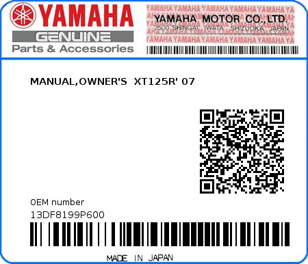 Product image: Yamaha - 13DF8199P600 - MANUAL,OWNER'S  XT125R' 07  0