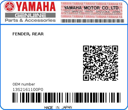 Product image: Yamaha - 13S2161100P0 - FENDER, REAR 