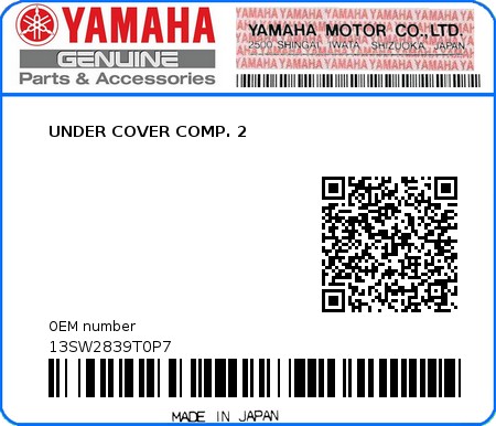 Product image: Yamaha - 13SW2839T0P7 - UNDER COVER COMP. 2 