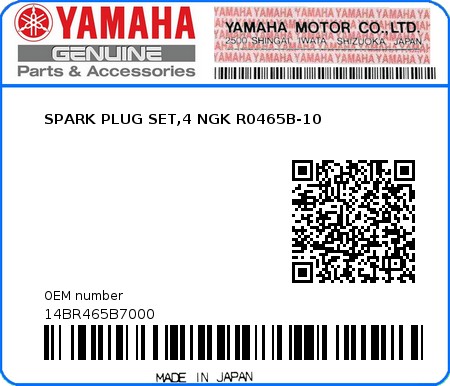 Product image: Yamaha - 14BR465B7000 - SPARK PLUG SET,4 NGK R0465B-10  0