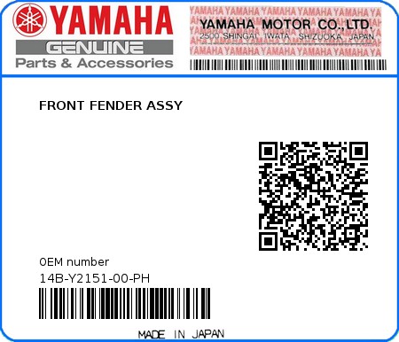 Product image: Yamaha - 14B-Y2151-00-PH - FRONT FENDER ASSY 