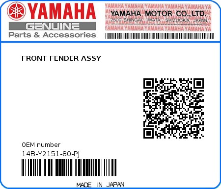 Product image: Yamaha - 14B-Y2151-80-PJ - FRONT FENDER ASSY 