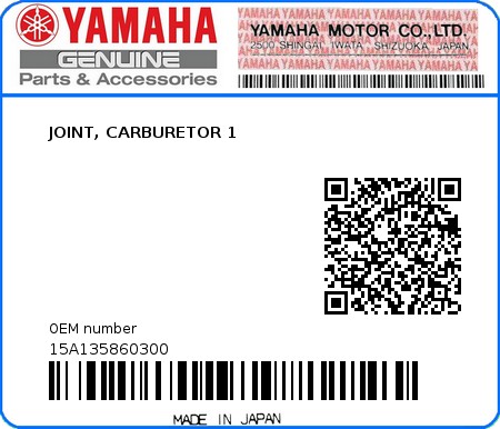 Product image: Yamaha - 15A135860300 - JOINT, CARBURETOR 1  0