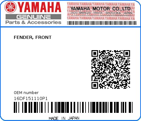 Product image: Yamaha - 16DF151110P1 - FENDER, FRONT 