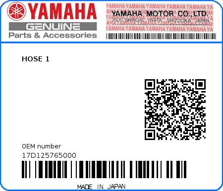 Product image: Yamaha - 17D125765000 - HOSE 1  0