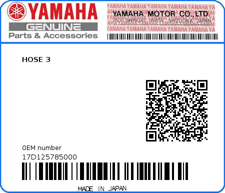 Product image: Yamaha - 17D125785000 - HOSE 3  0