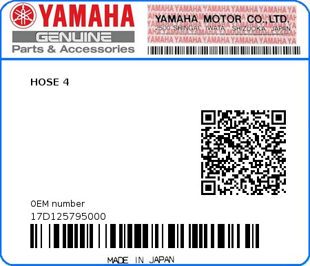 Product image: Yamaha - 17D125795000 - HOSE 4  0