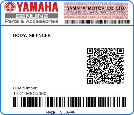 Product image: Yamaha - 17D1466G5000 - BODY, SILENCER 