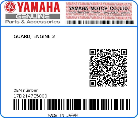 Product image: Yamaha - 17D2147E5000 - GUARD, ENGINE 2 