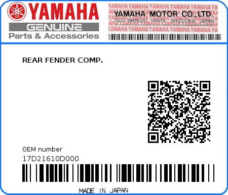 Product image: Yamaha - 17D21610D000 - REAR FENDER COMP.  0
