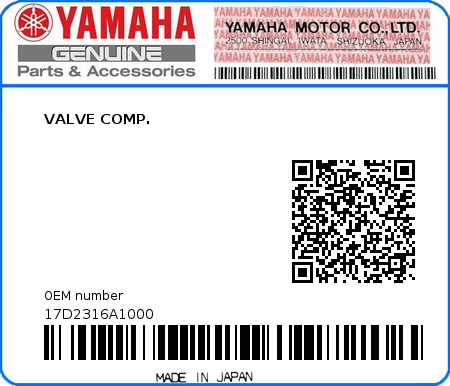 Product image: Yamaha - 17D2316A1000 - VALVE COMP. 