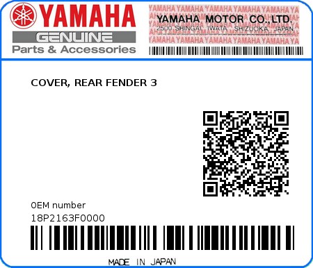 Product image: Yamaha - 18P2163F0000 - COVER, REAR FENDER 3  0