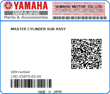 Product image: Yamaha - 19D-25870-00-00 - MASTER CYLINDER SUB ASSY 