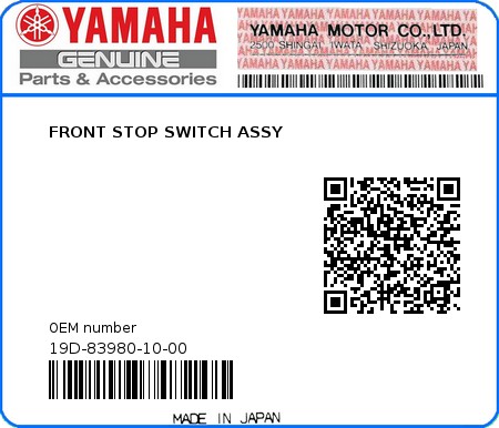 Product image: Yamaha - 19D-83980-10-00 - FRONT STOP SWITCH ASSY 