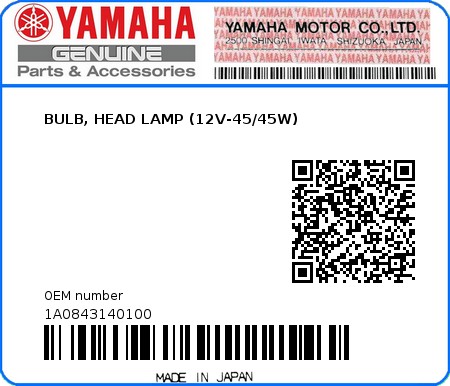 Product image: Yamaha - 1A0843140100 - BULB, HEAD LAMP (12V-45/45W) 